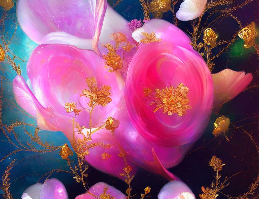 Vibrant cosmic background with glowing pink petals and golden flora