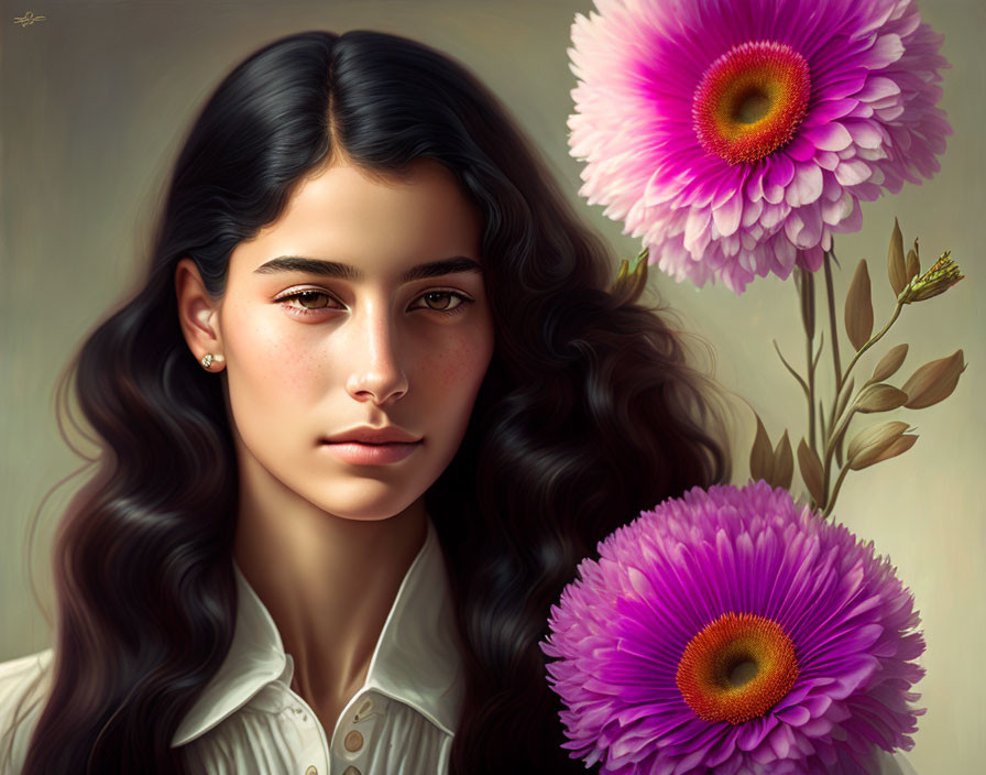 Digital artwork: Young woman with dark hair and glowing skin among pinkish-purple gerbera flowers