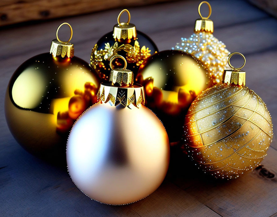 Golden Christmas Ornaments on Wooden Surface with Blurred Background