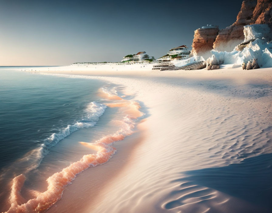 Pink-hued foam on sandy shore under soft sunset sky.