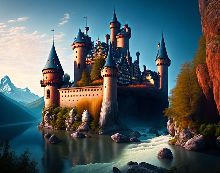 Majestic fairy-tale castle by mountain river with spires and towers