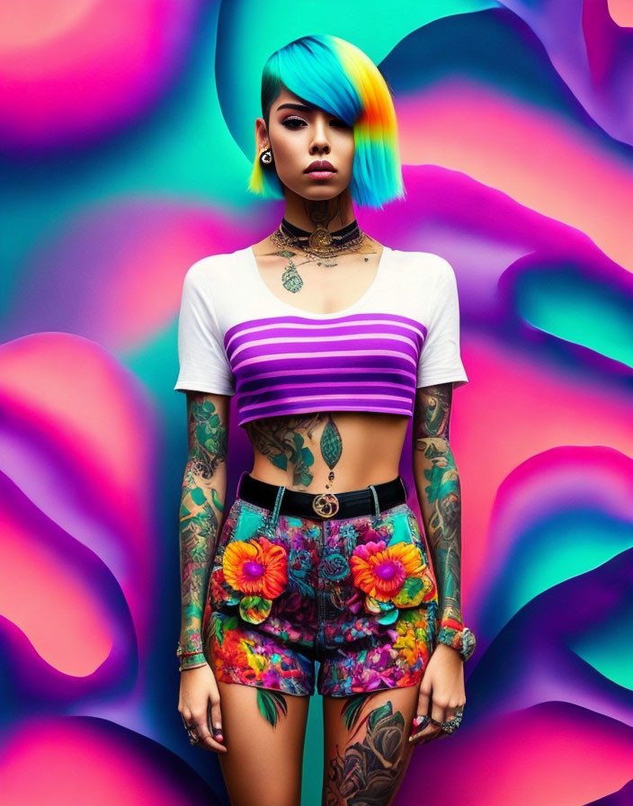 Blue-haired woman with tattoos in striped top and floral shorts against colorful swirl background