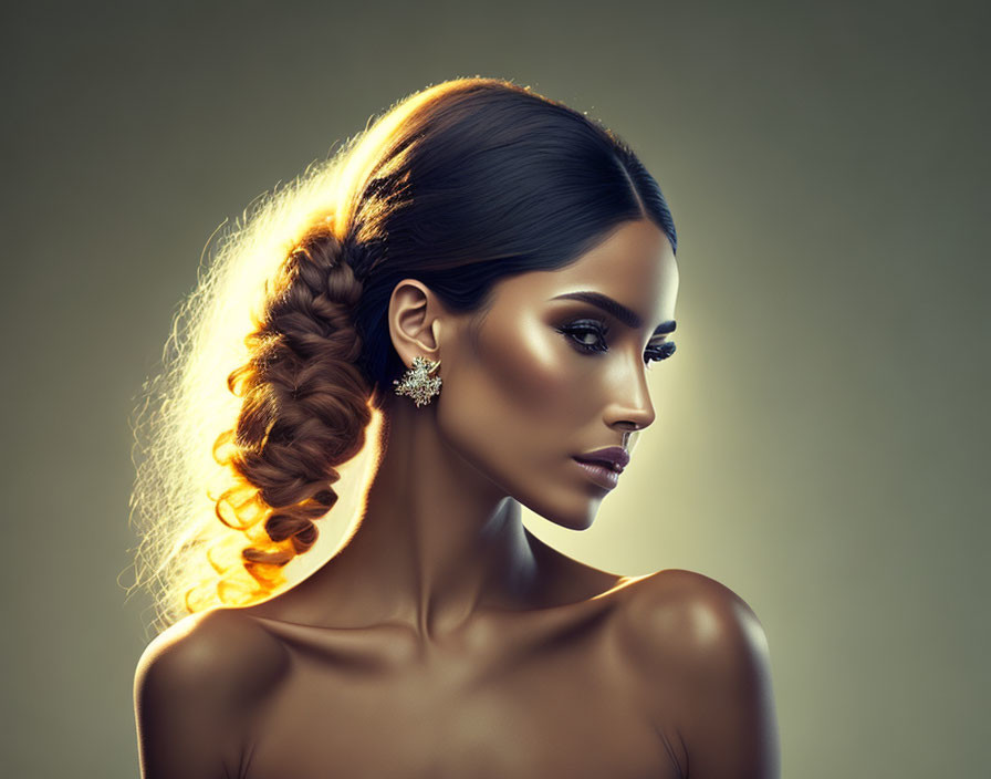 Woman with side-swept braid and ornate earring on golden backdrop