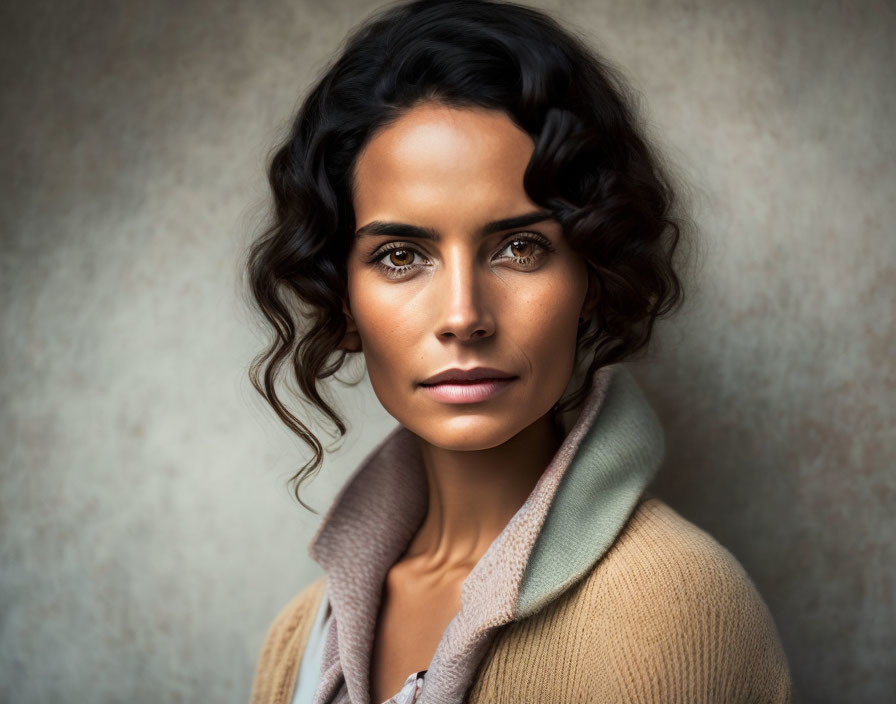 Dark Curly-Haired Woman in Beige Coat Portrait Against Textured Backdrop