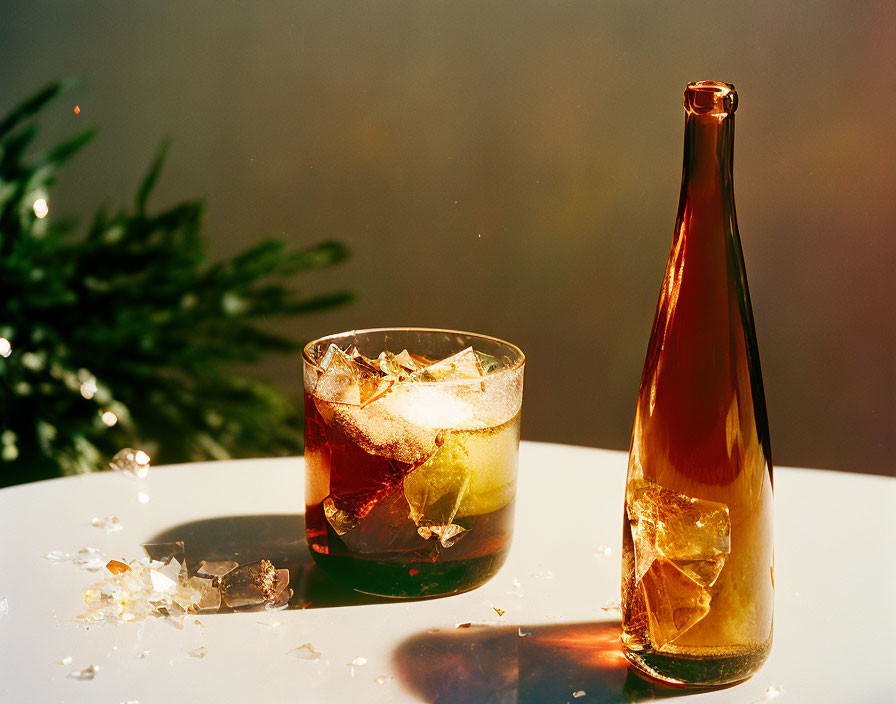 Glass with ice, beverage, and empty bottle on white surface with sunlight and plant shadows.