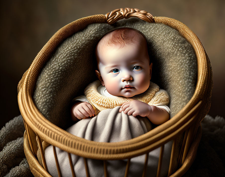 Blue-eyed baby in basket wrapped in blankets with thoughtful gaze