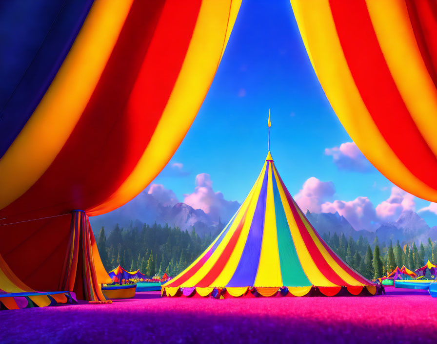 Vibrant circus tents under blue sky with clouds and mountains.