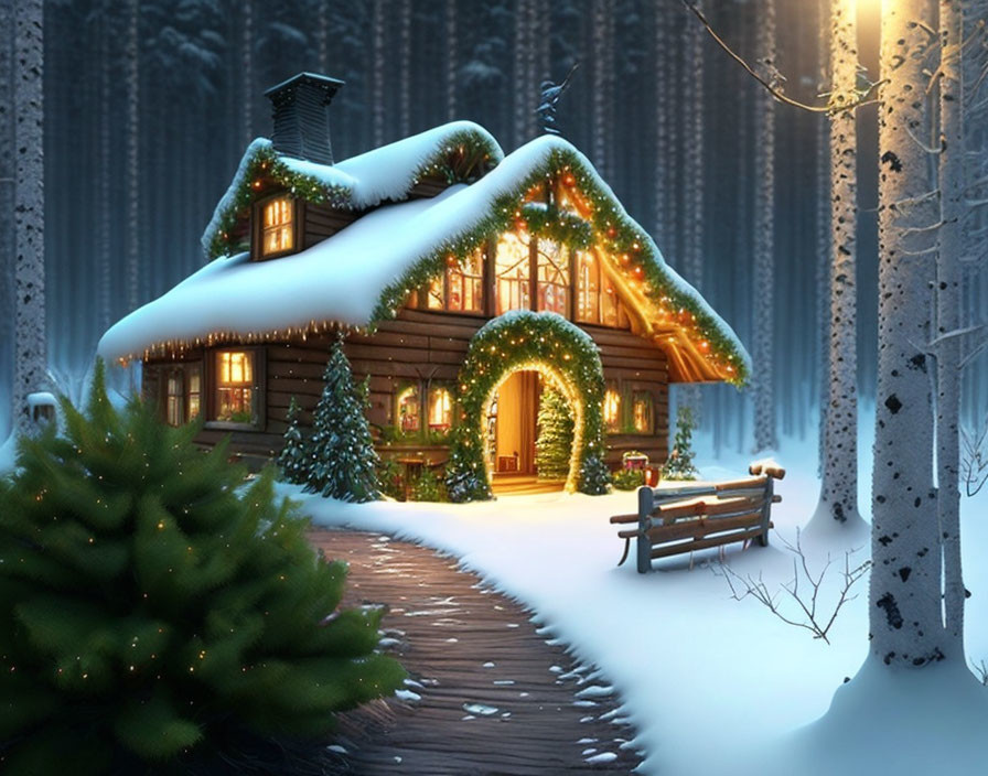 Snow-covered cabin with Christmas lights in winter forest