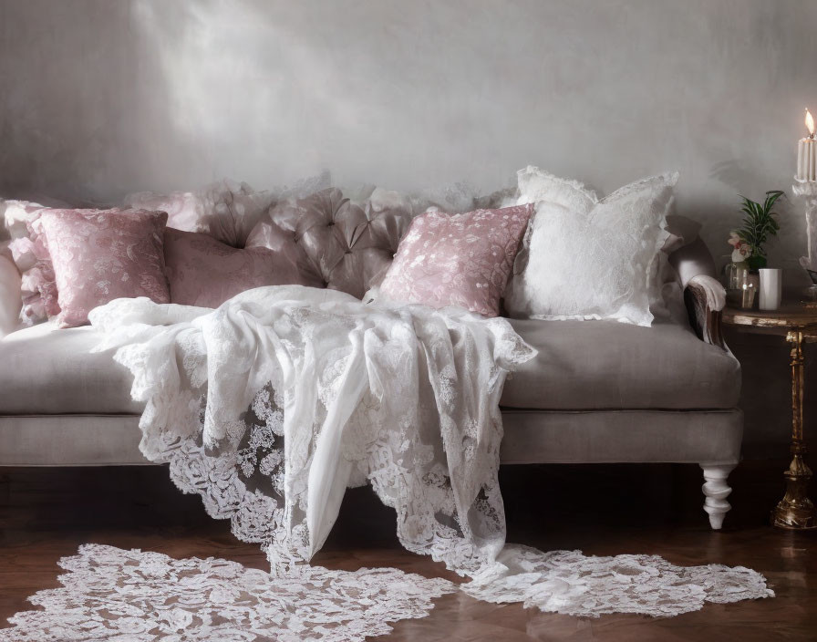 Vintage sofa with pink pillows, lace blanket, candlestick, and lace rug in elegant living room