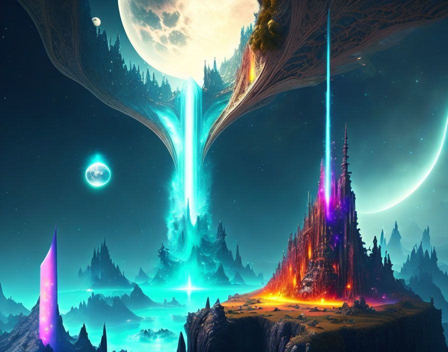 Fantastical landscape with glowing crystals, floating waterfall, pine forests, celestial sky