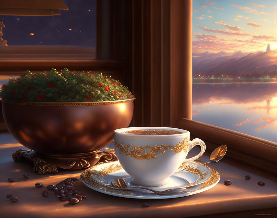 Gold-Rimmed Coffee Cup with Beans on Windowsill by Tranquil Lake at Sunset