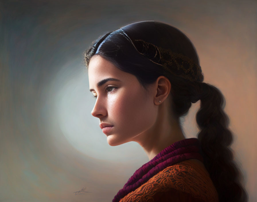 Profile portrait of woman with braided hairstyle and amber garment.