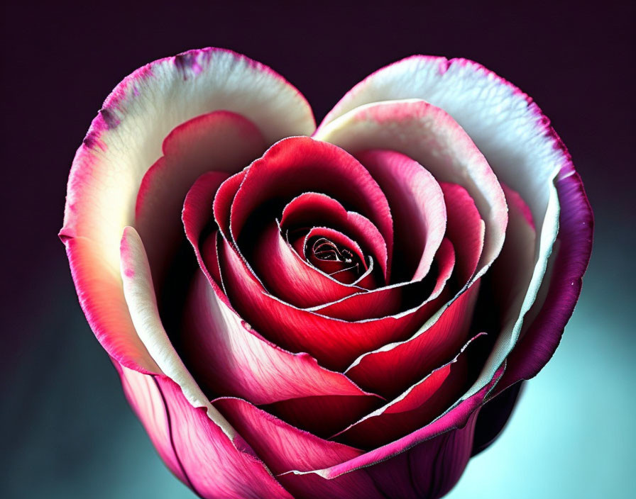 Vibrant red rose with white-edged petals on blurred purple backdrop