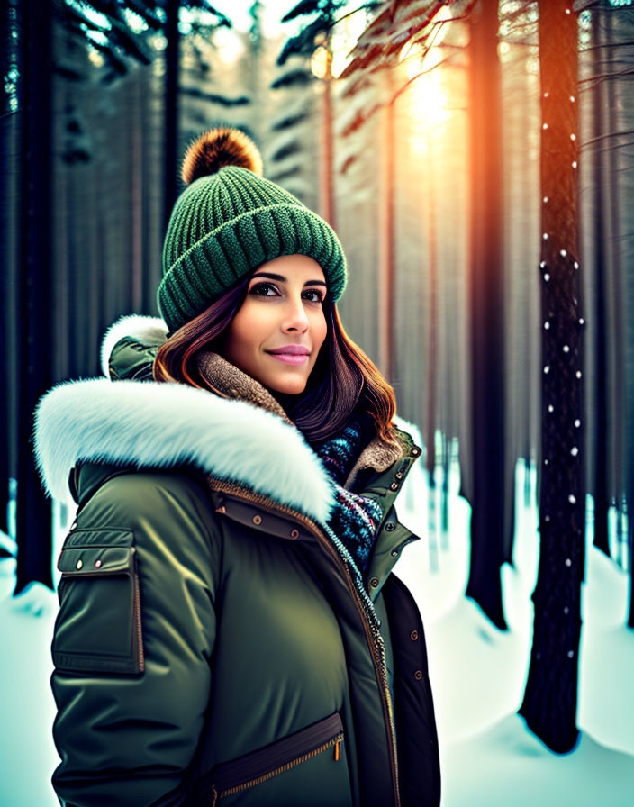 Woman in winter attire smiling in snowy forest with sunlight filtering through trees