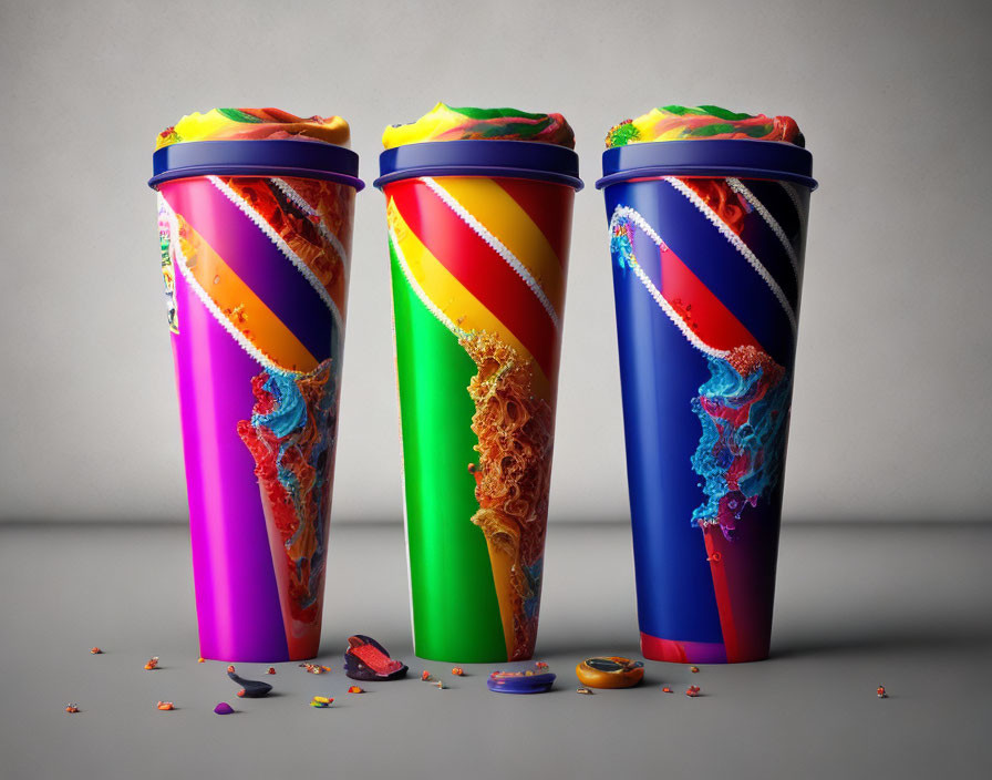 Colorful Paint Overflowing Tumblers on Gray Background