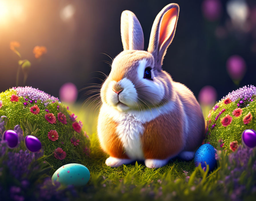 Colorful Easter Rabbit Illustration with Flowers and Eggs