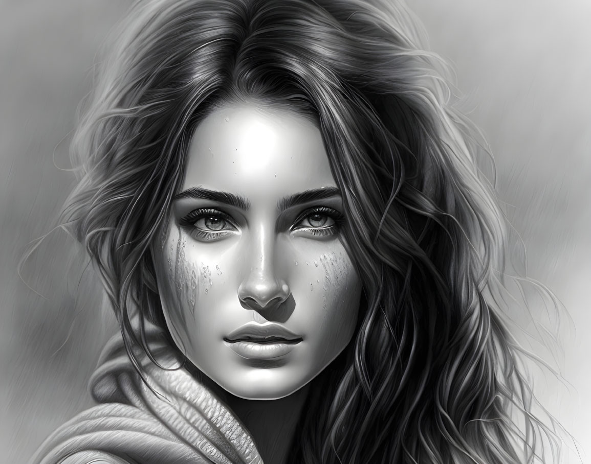 Detailed Black and White Digital Portrait of Woman with Curly Hair and Striking Eyes