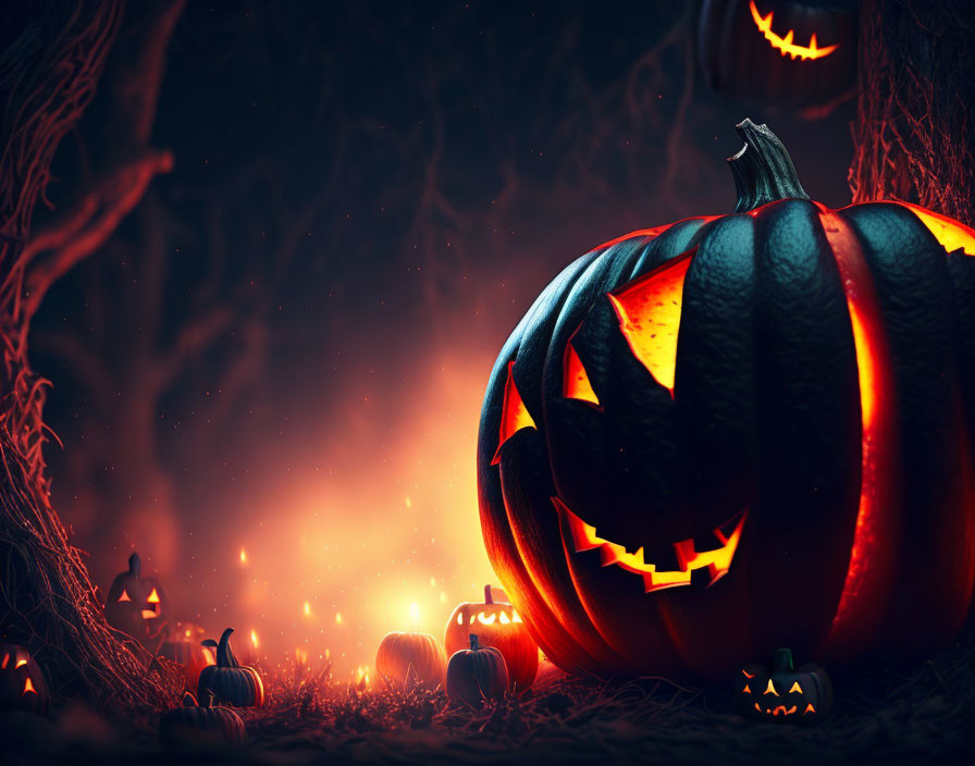 Spooky Halloween scene with glowing pumpkins and twisted trees