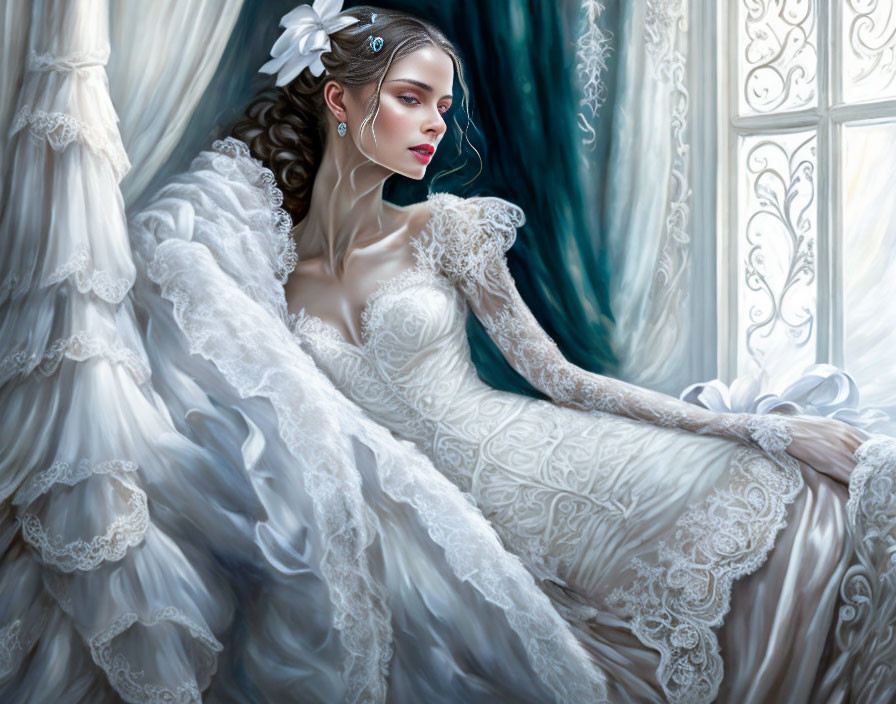 Contemplative woman in white bridal gown by window with lace detail