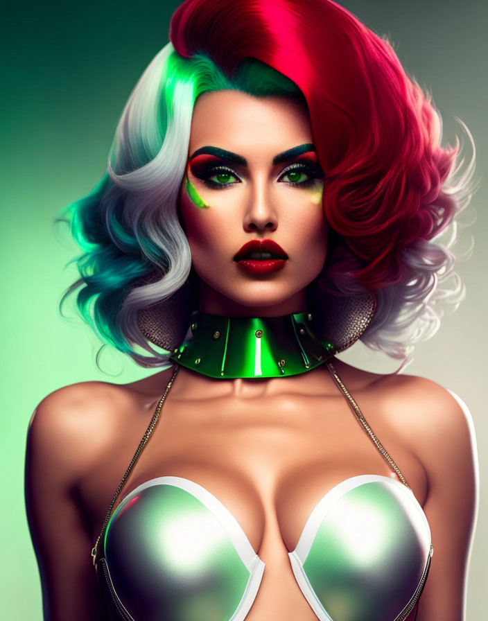 Futuristic Woman with Red and White Ombre Hair in Metallic Silver Clothing