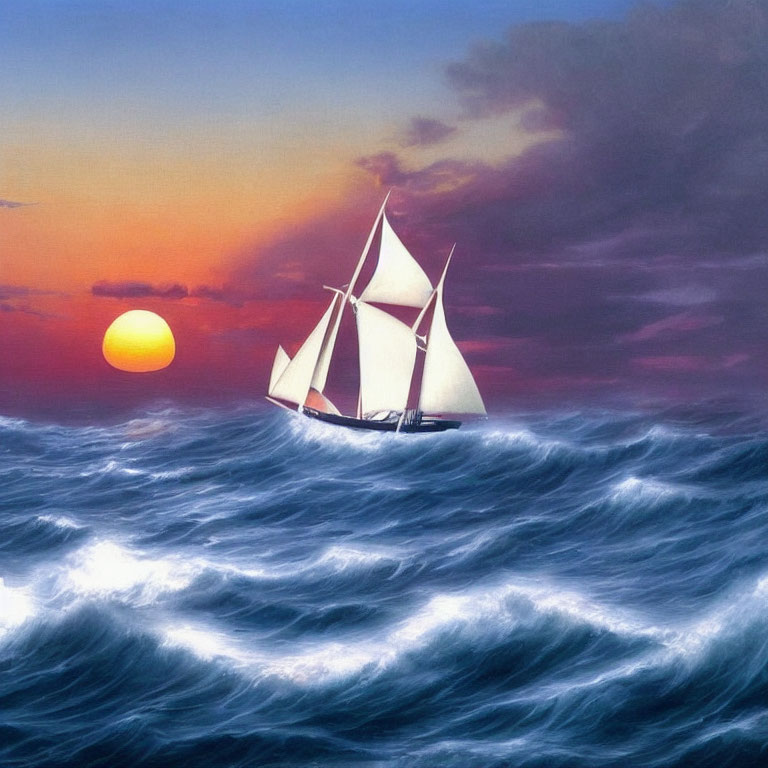 Sailboat on choppy seas at sunset with large sun and colorful sky