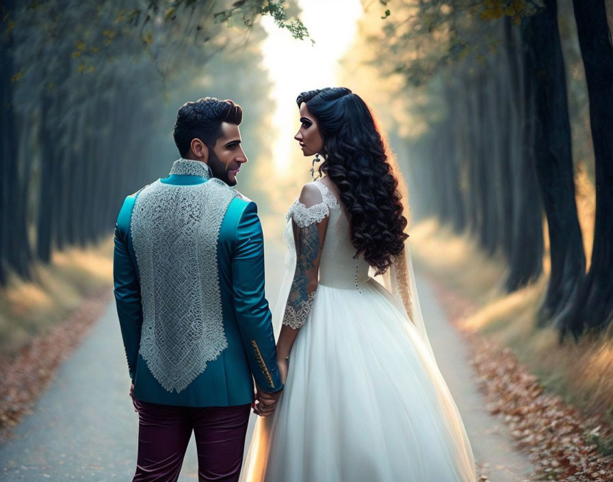 Formal couple holding hands on forest path in autumn.