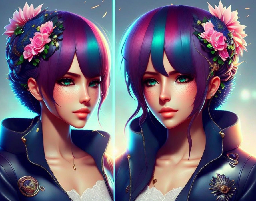 Colorful hair and vibrant eyes in digital artwork with floral adornments and elegant attire.