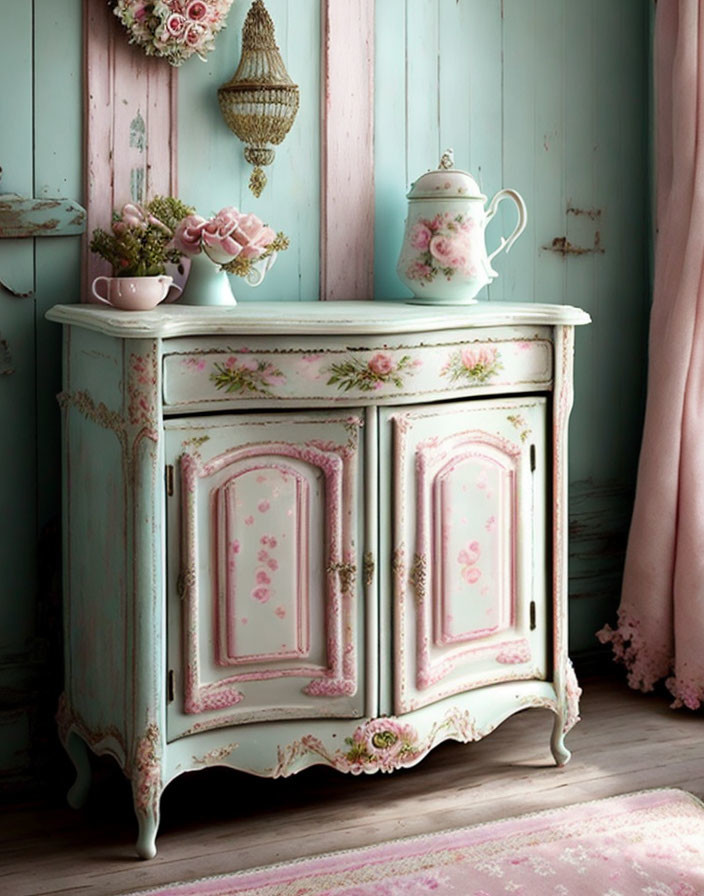 Vintage pastel-painted cabinet with floral patterns, teapot, vase, blue wall.