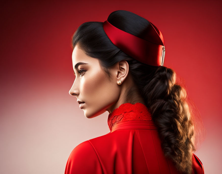 Profile view of woman in red outfit with stylized hat and braid against red background