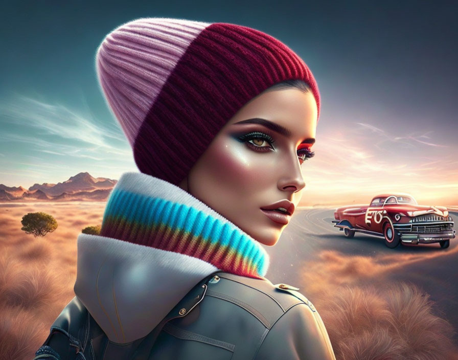 Stylized image of woman with sleek makeup in desert landscape at dusk