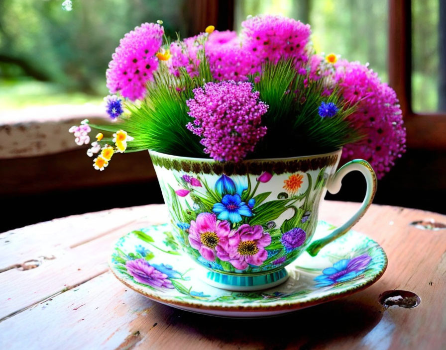 Vibrant Pink and Purple Flower Arrangement in Teacup and Saucer