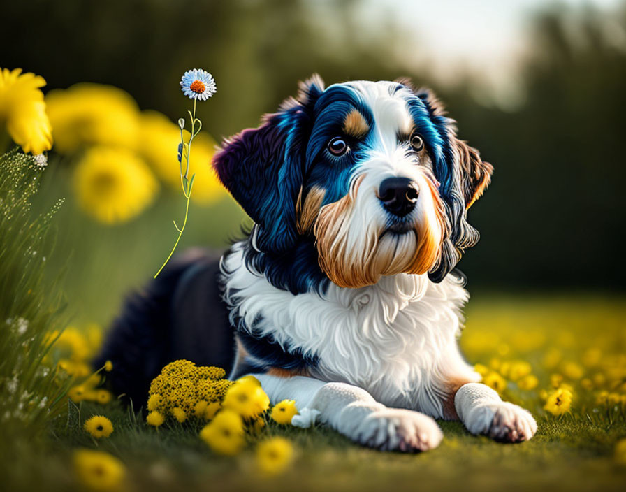 Tricolor dog with floppy ears in sunlit field among yellow flowers