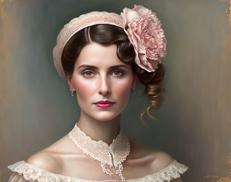 Vintage Woman Portrait in Lace Dress & Pink Flower Hat