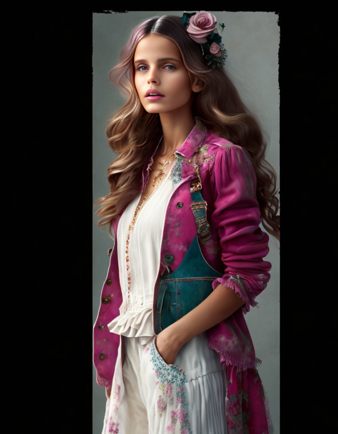 Woman with Long Wavy Hair in Pink Floral Jacket and Teal Corset