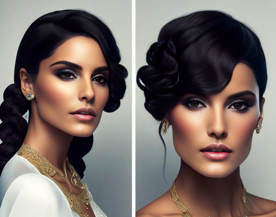 Two elegant hairstyles on a woman in white dress with gold accents