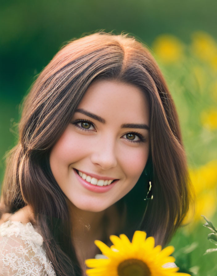 Smiling woman with long brown hair in lace top and sunflower earrings on floral background