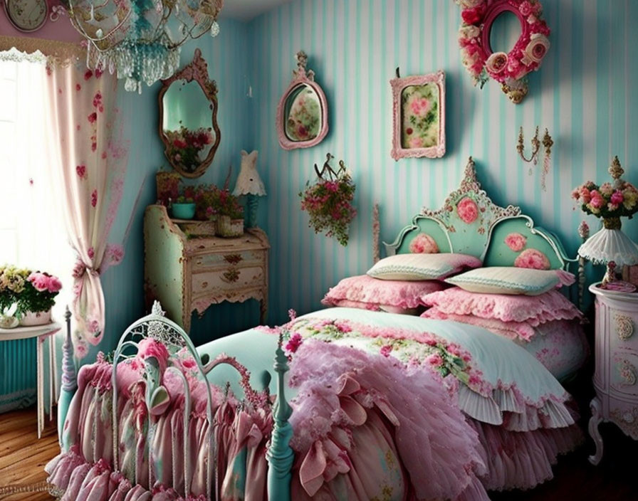 Turquoise Vintage Bedroom with Pink and White Decor