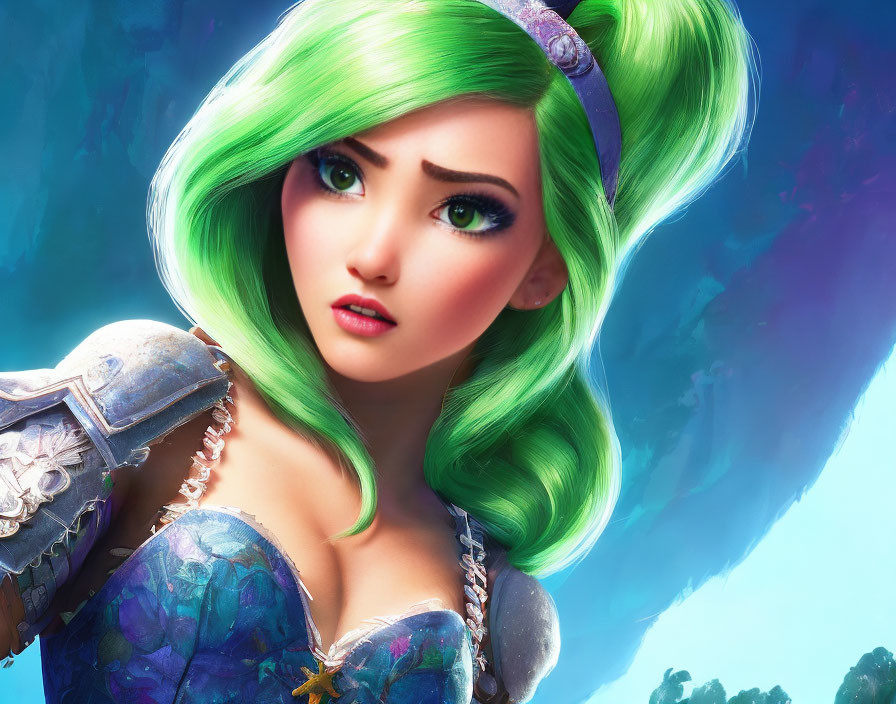 Vibrant green hair and fantasy armor on female animated character