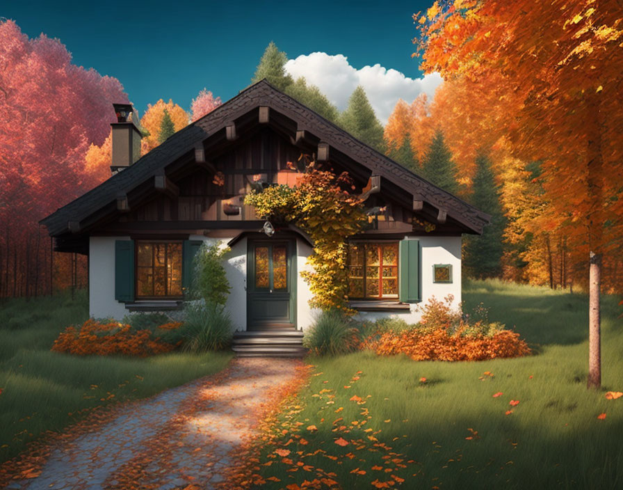 Charming cottage surrounded by autumn foliage and cobblestone path