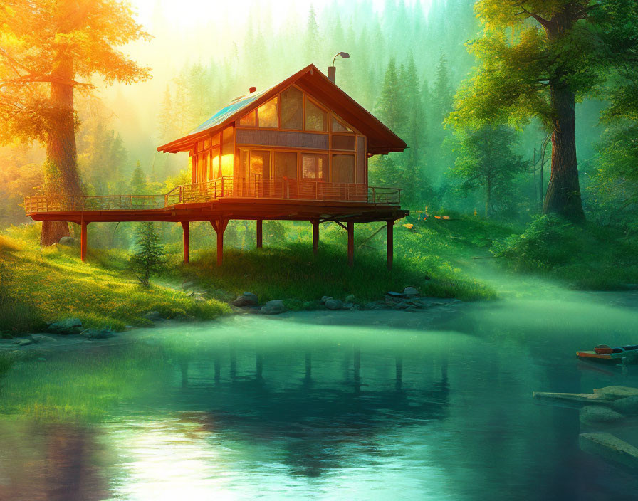 Tranquil woodland cabin on stilts at sunrise by calm river