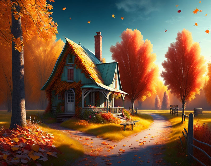 Autumn scene: Cottage with smoking chimney amid vibrant trees and falling leaves