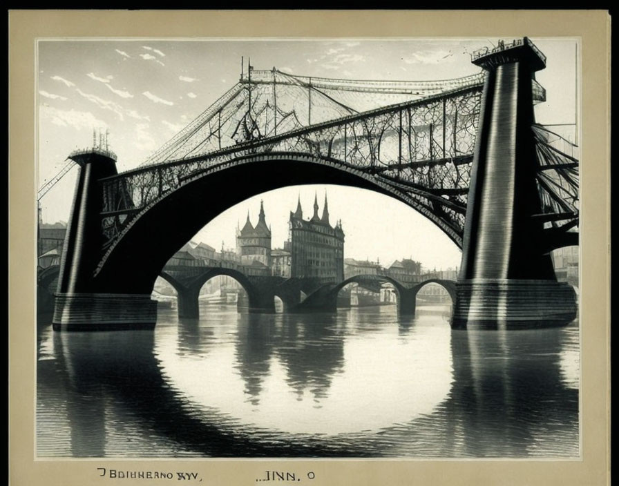 Vintage Monochromatic Photo: Arched Bridge Over Calm River