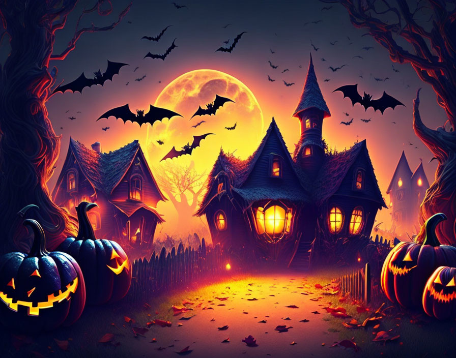 Spooky Halloween scene with jack-o'-lanterns, bats, houses, and full moon