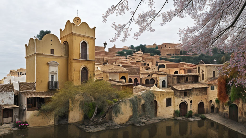 Traditional terracotta-roofed houses and blooming trees in an old town by a calm river