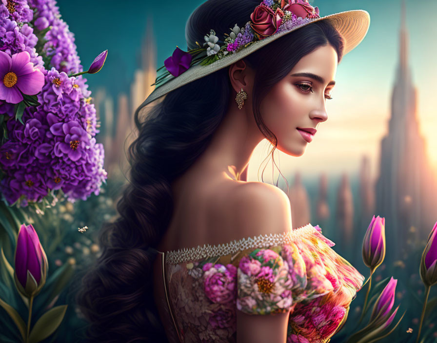 Woman in floral dress and hat surrounded by vibrant flowers and fantasy spires.