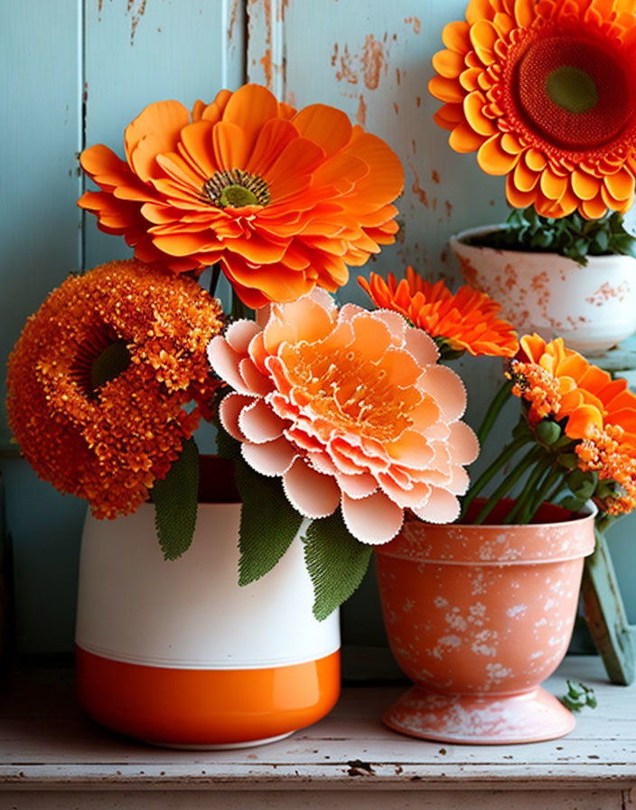 Vibrant Orange Flowers in Contrasting Pots on Blue Wooden Background