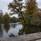 Tranquil river scene with wooden bridge and lush greenery