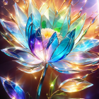 Colorful digital artwork: iridescent plant with gem-like leaves on golden fronds.