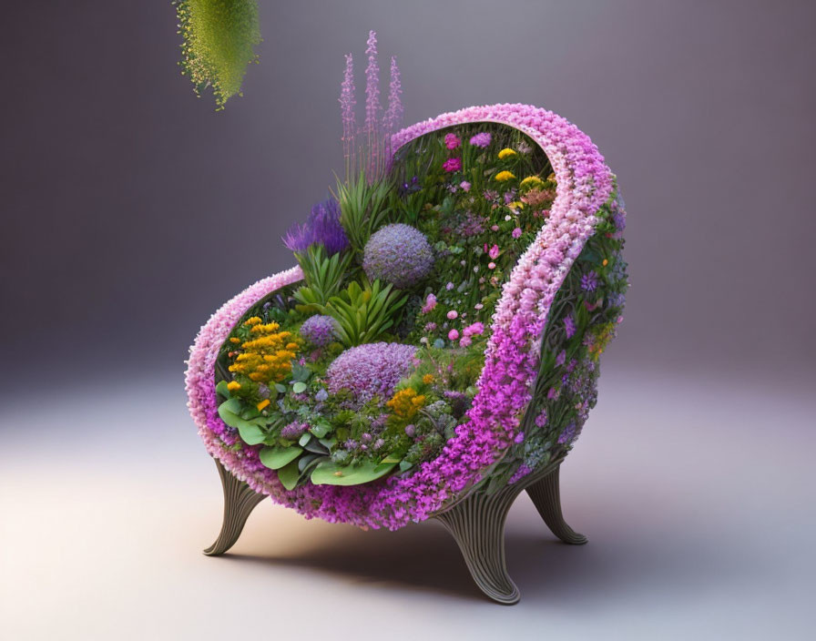 Vibrant armchair-shaped floral arrangement with purple, pink, yellow, and green plants