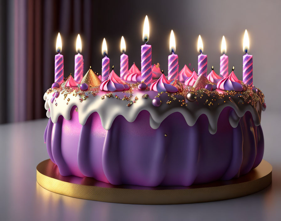 Purple Iced Birthday Cake with Lit Candles and Sprinkles on Wooden Table